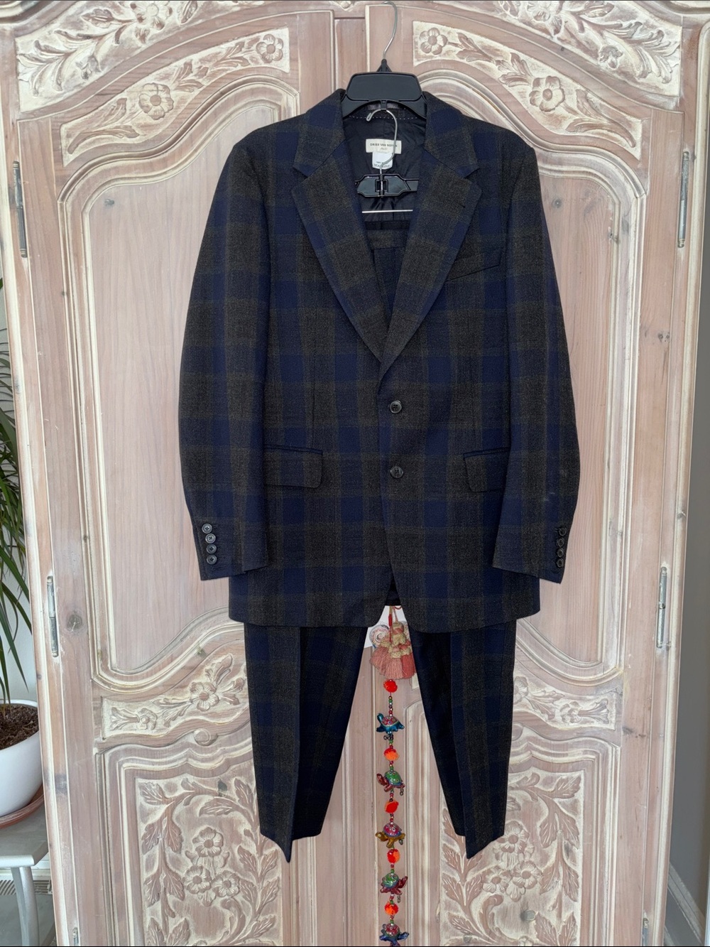 Dries Van Noten Wool Suit featuring a muted navy/green/Gray-plaid/tartan pattern